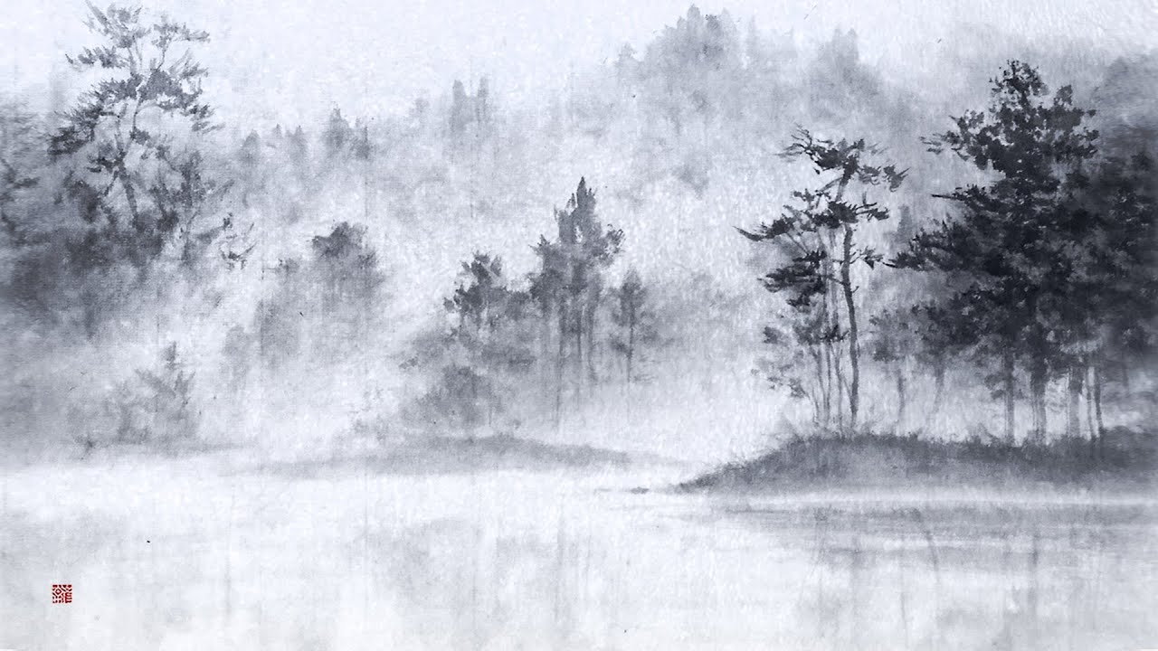 Картина тушью, пейзаж,  