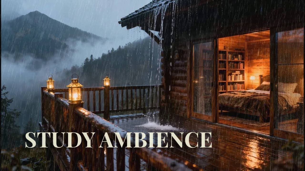 🔴 [Pure Serenity] Mountain Cabin Rain and Library View for Deep Focus and Quiet Sleep 🏔️📚