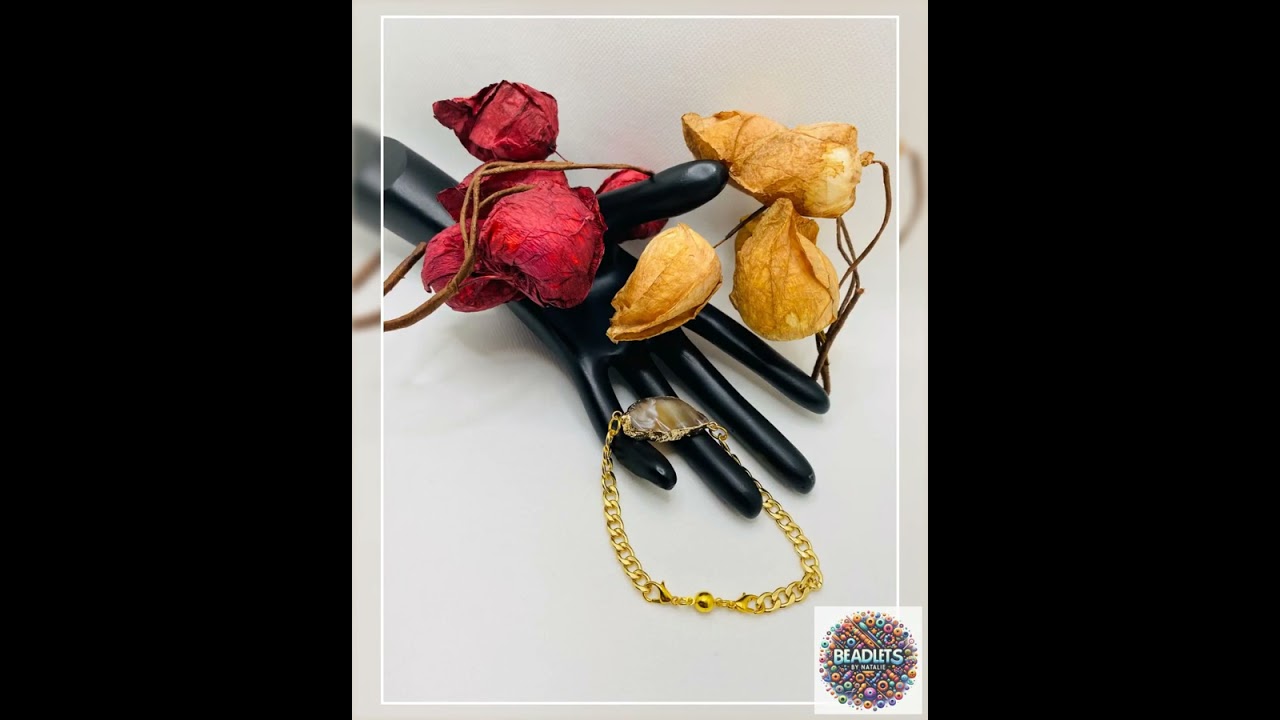 Gold Plated Cuban Link Bracelet: Agate Slice, Magnetic Clasp