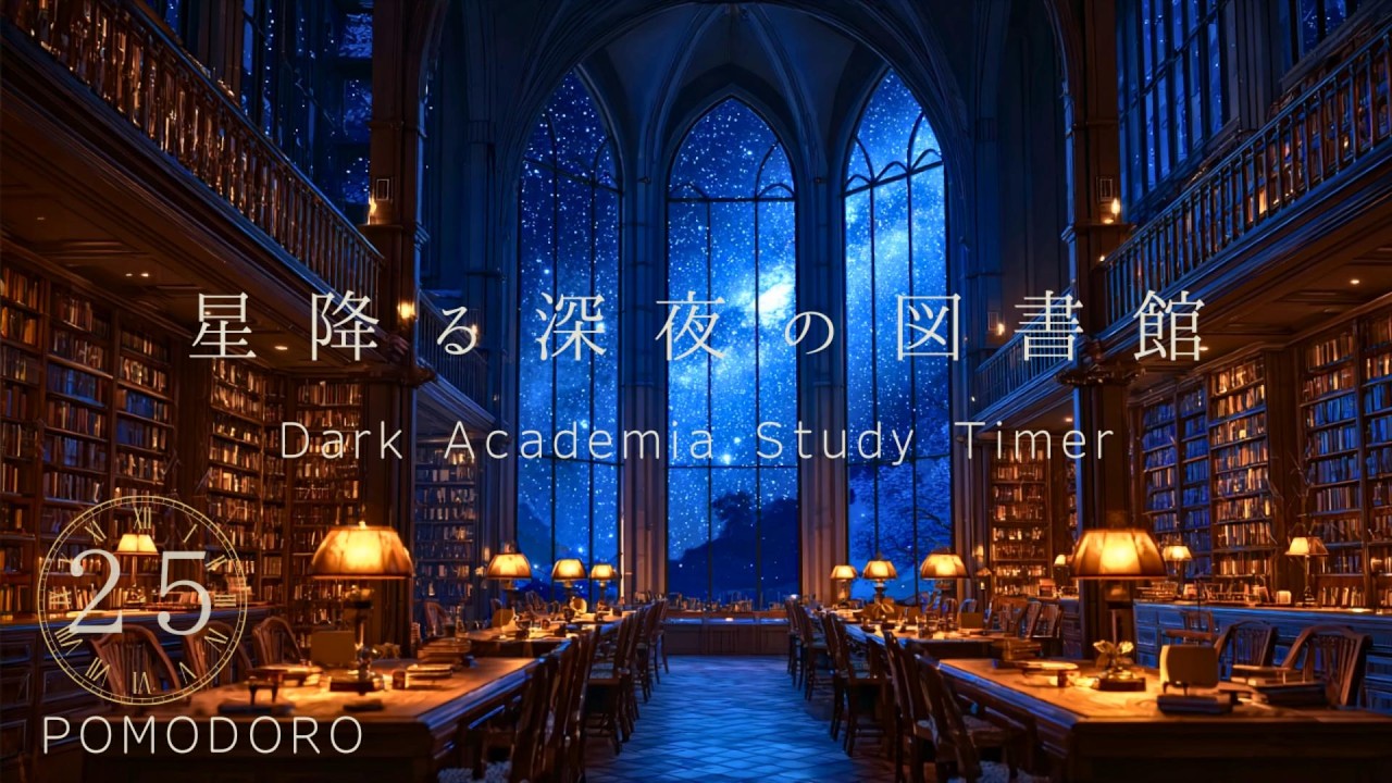【25分ポモドーロ×4】星降る深夜の図書館で集中｜ピアノ＆夜風｜Study With Me