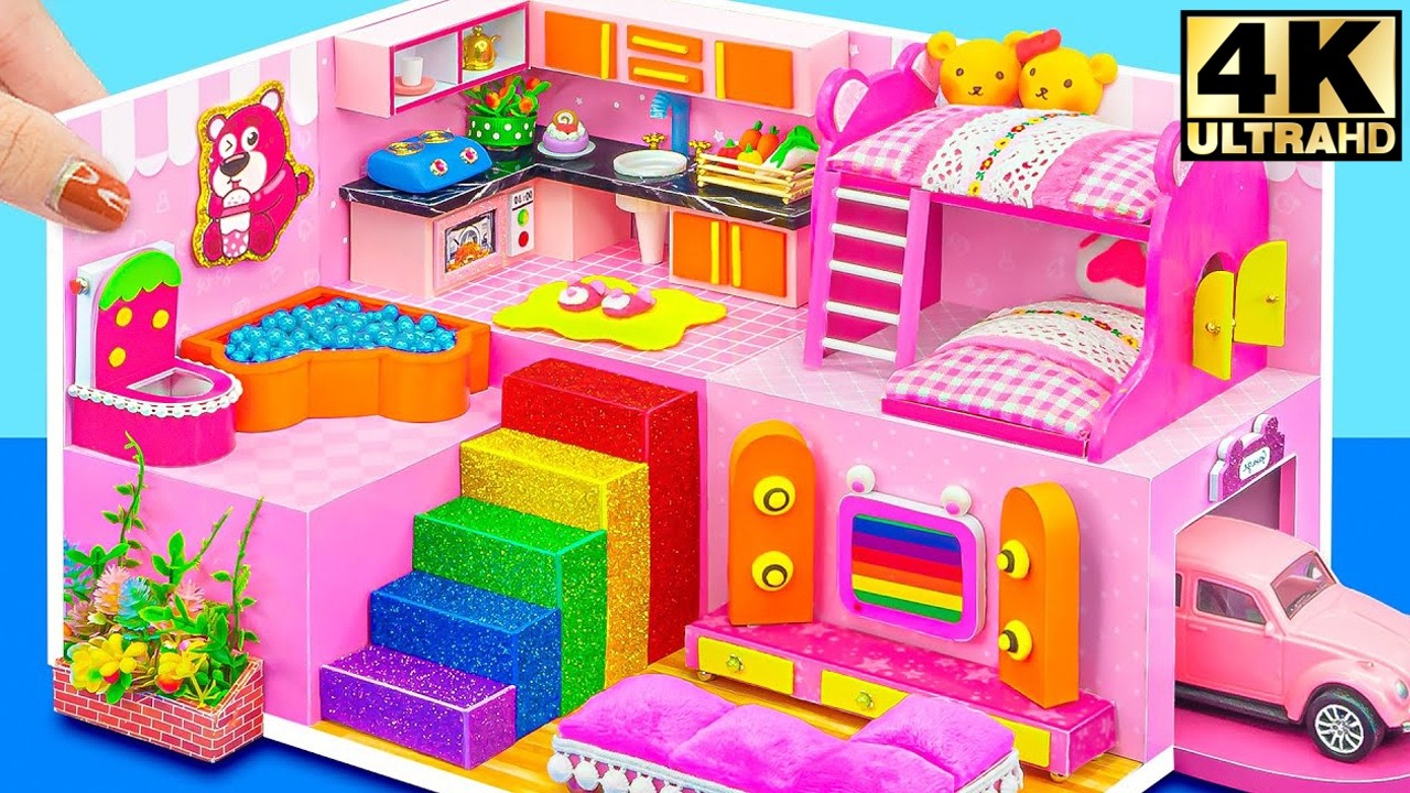 How To Make Pink Bear House with Bunk Bed, Car Garage & Rainbow Slide | DIY Miniature House
