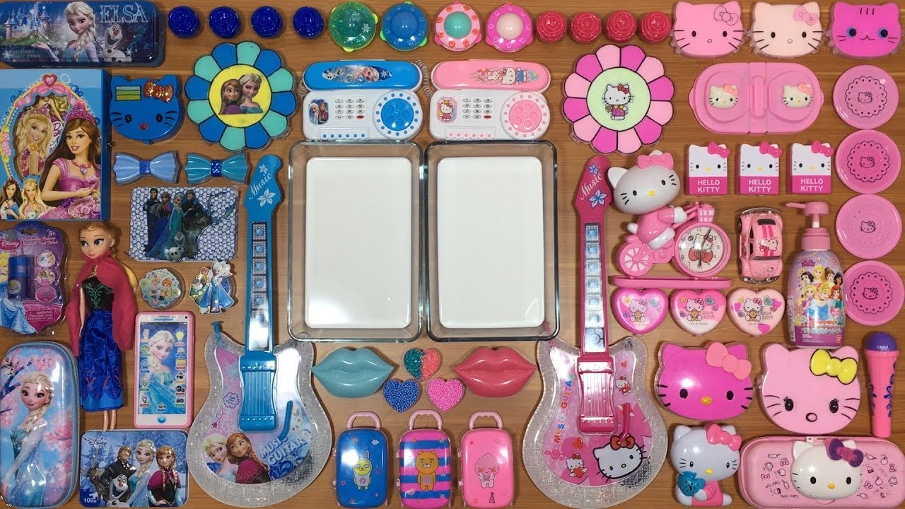 DISNEY PRINCESS and Hello Kitty Slime Pink Vs Blue | Mixing Random Things into Glossy Slime