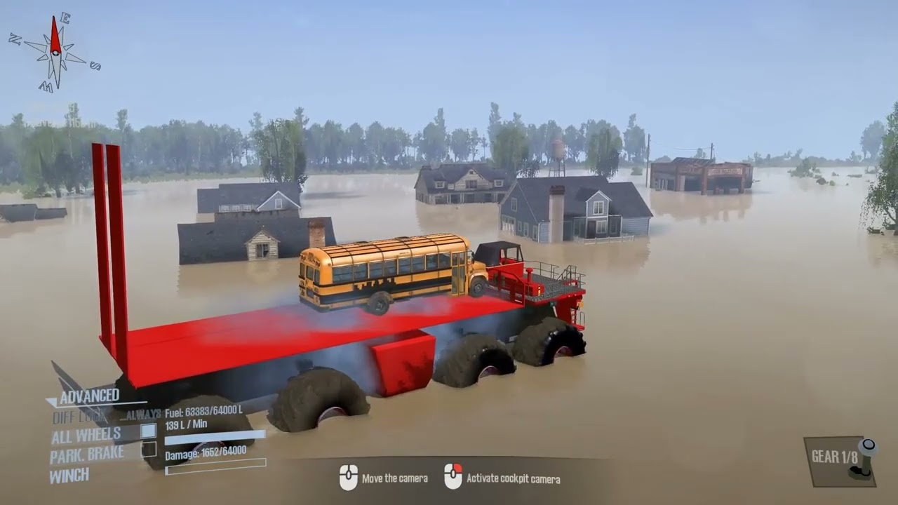 Mega Monster Truck Membawa Bis Sekolah Melewati Genagan Banjir Tinggi - Spintires MudRunner