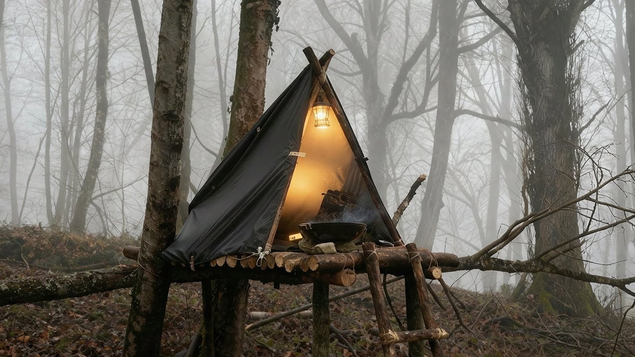 Solo Bushcraft Survival: Building a Cozy Elevated Shelter in Misty Forests | Fire Making & Relaxing