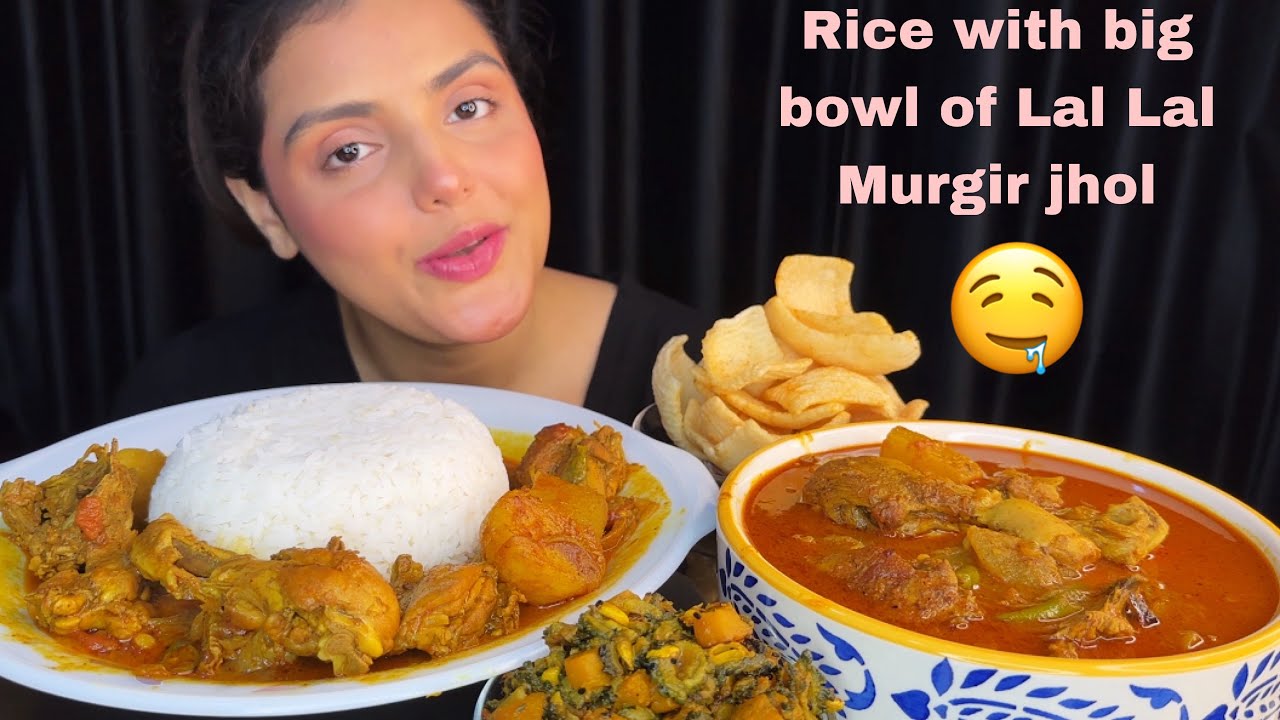 Huge Bowl Of Lal Lal Murgir Jhol with Rice, Fried Vegetables, Papad || Spicy Chicken Curry Mukbang