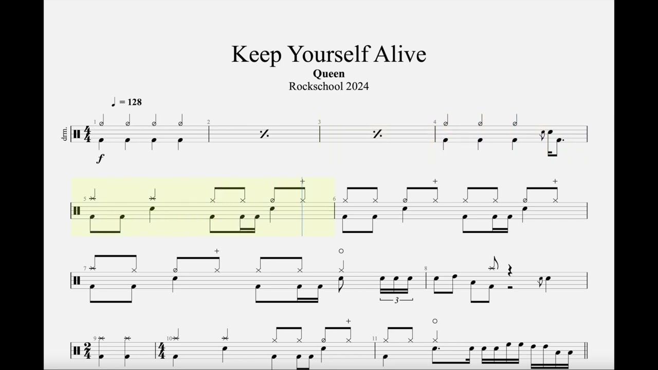 G5 Keep Yourself Alive Drums Rockschool 2024 Grade 5 Tab