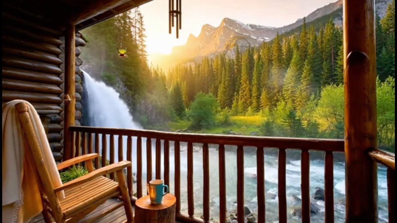 Serene Mountain Porch Escape | Waterfall & River Ambience with Gentle Nature Sounds & Peaceful Music