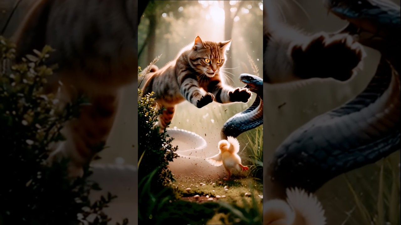 The wild cat bravely saved the little chick from the snake’s deadly attack.