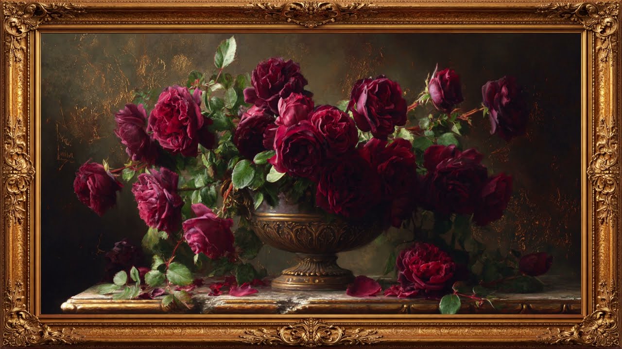 Vintage Red Roses Oil Painting | 4K Framed TV Art Screensaver