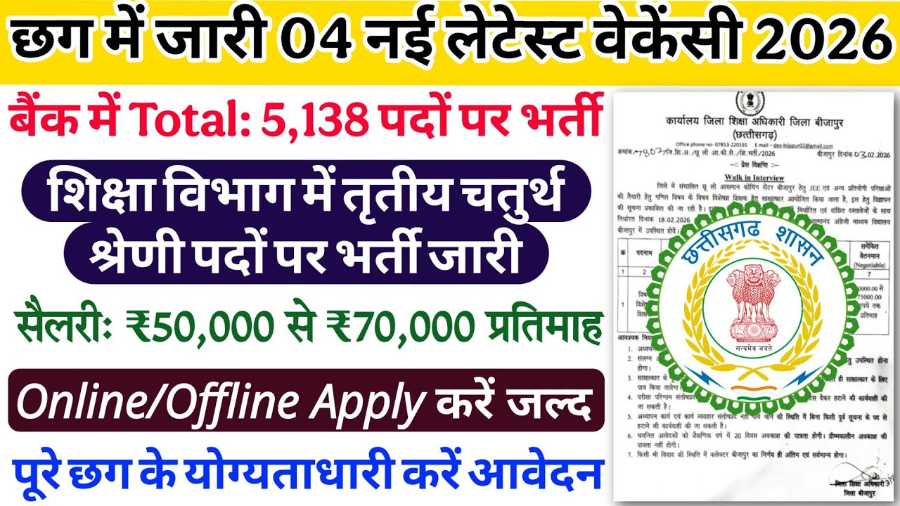 🔥04 new latest vacancies released in Chhattisgarh 2026/Recruitment for 5,138 posts in bank/Cg gov...