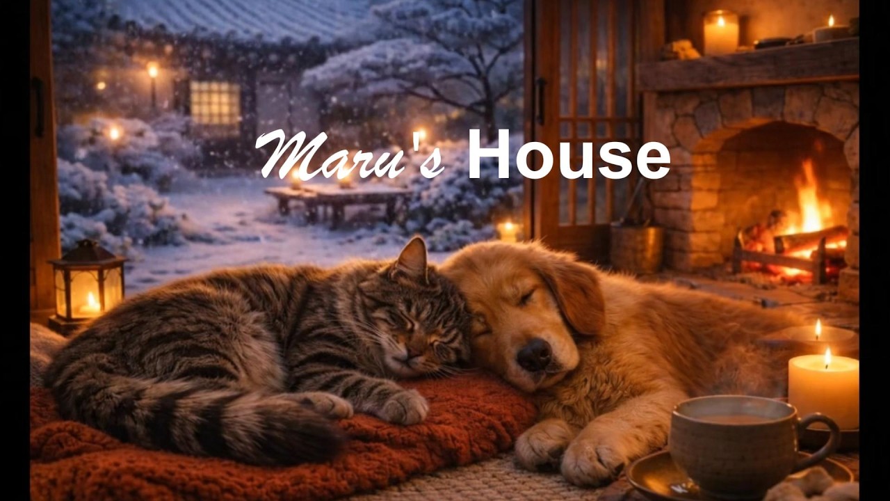 Cozy Fireplace Night with Cat & Golden Retriever  | Snowy Korean Hanok Ambience
