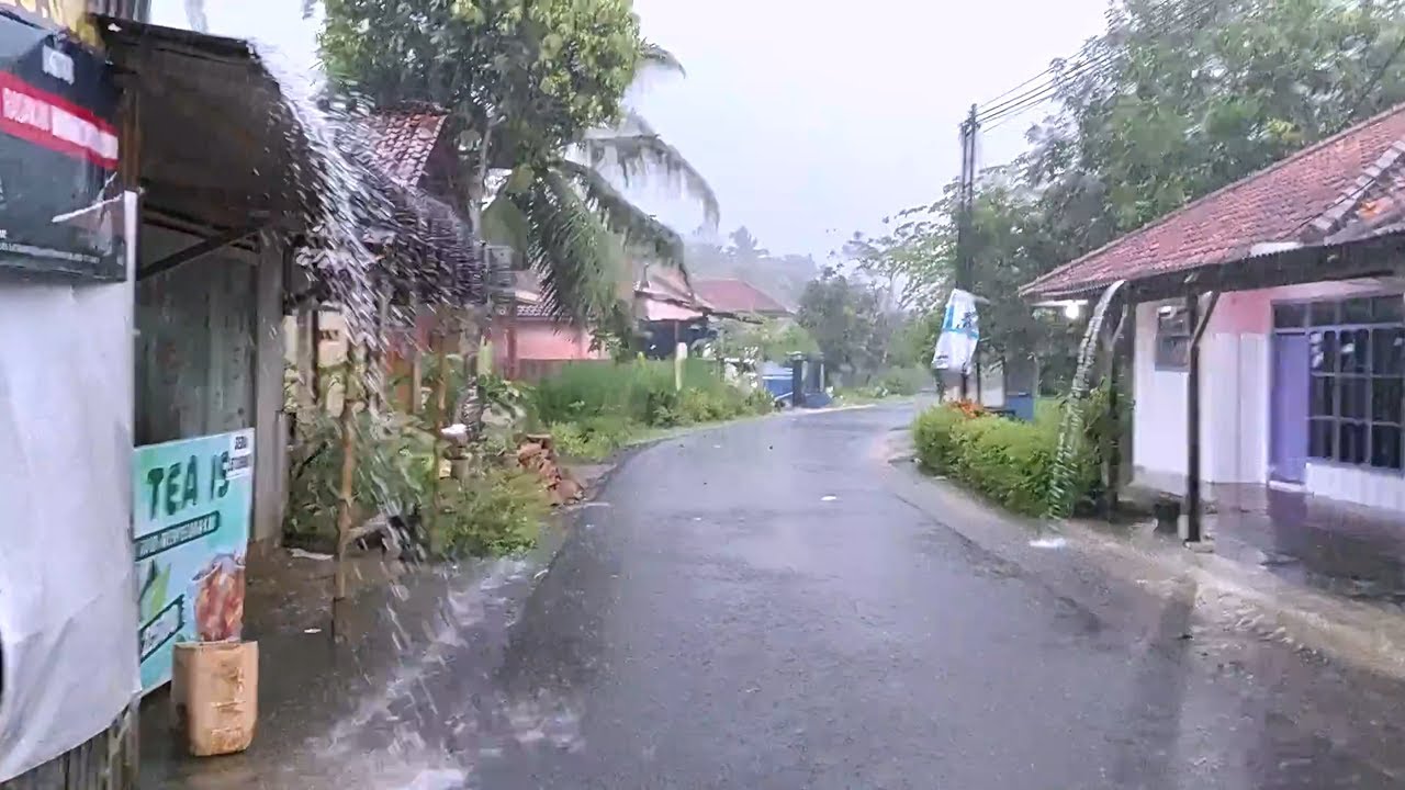 Walking Through Heavy Rain Storm with Strong Wind and Thunder in Quiet Rural Village Night ASMR 4K