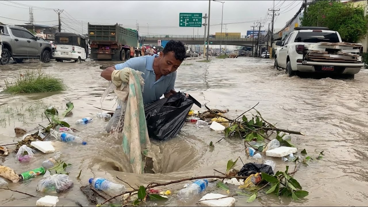 Cleaning Plastic Waste to Unclog Culvert Drain During Heavy Rain Flood
