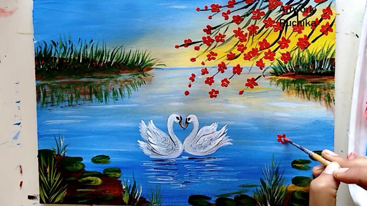 Beautiful Swan Pair in a Lake | Lake Scenery Painting | Acrylic Painting Tutorial