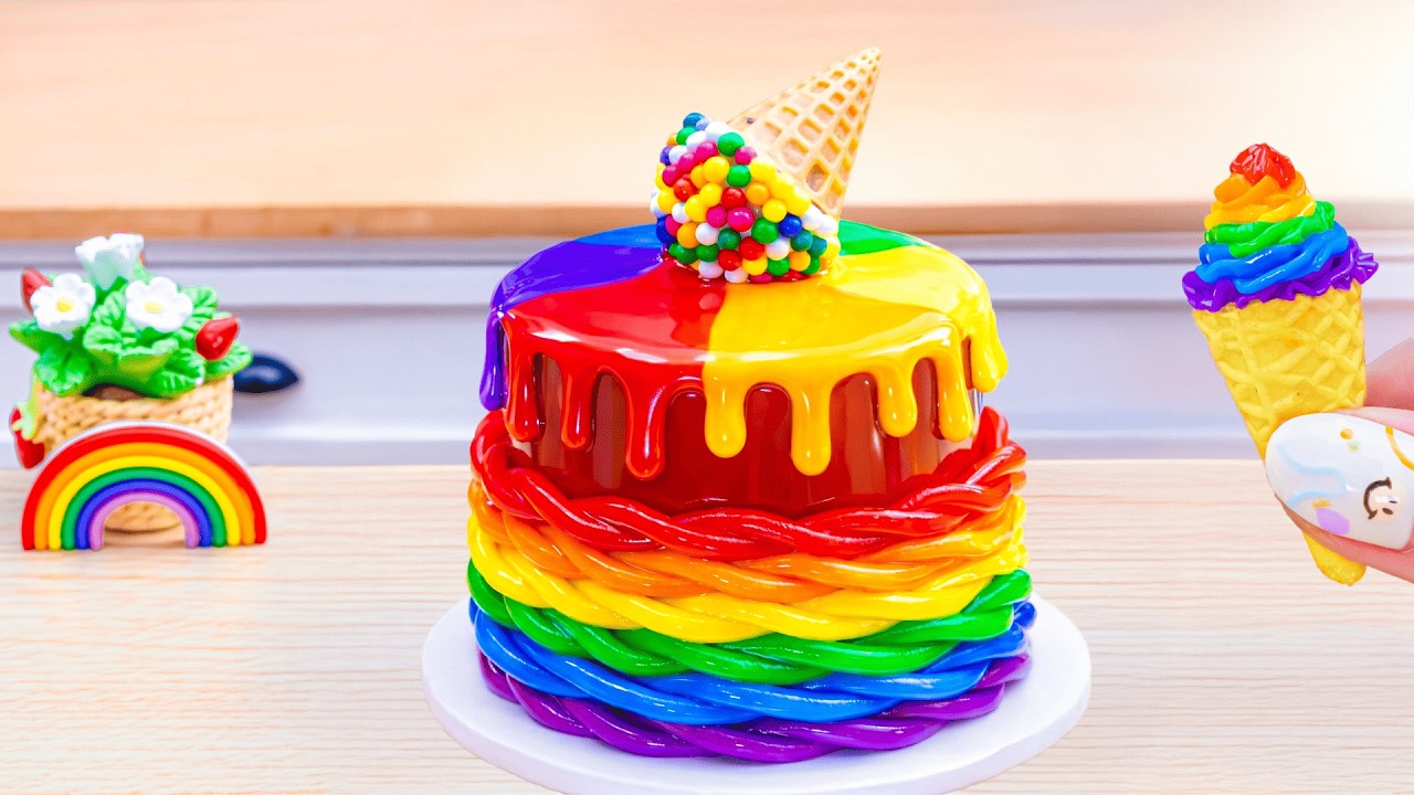 Amazing Mini Rainbow Cake🌈Easy Chocolate Drip Cake Tutorial💕By Tiny Yum