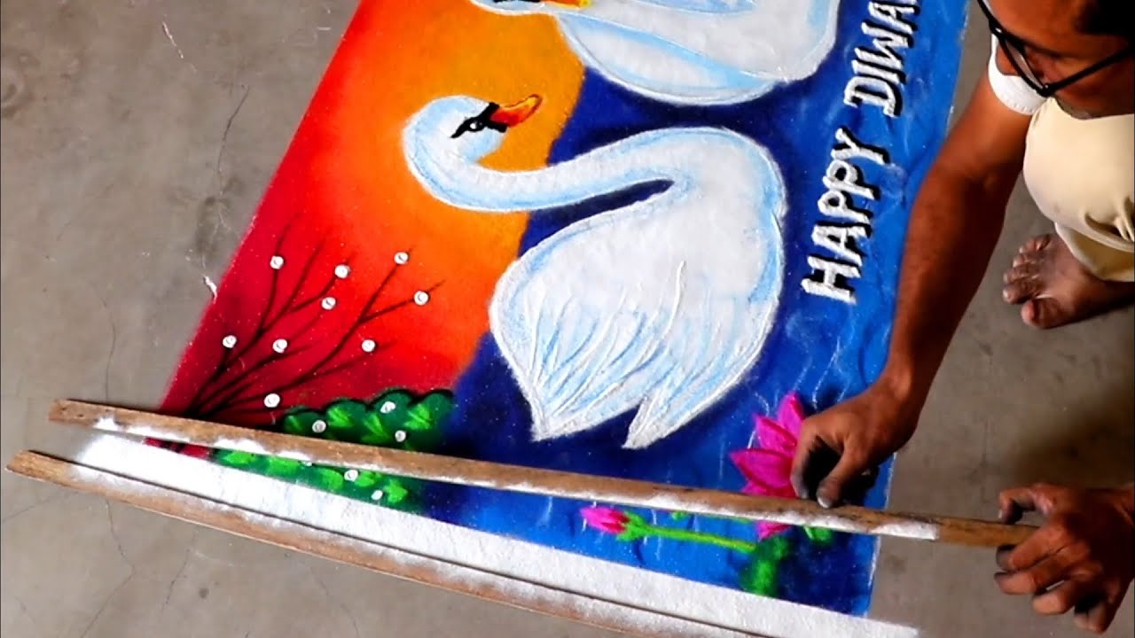 Beautiful 2 swan in lake poster rangoli step by step. दीपावली में बनाइए प्यारी सी पोस्टर रंगोली।