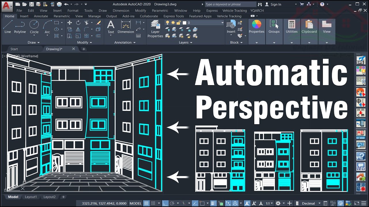 طريقة تحويل الرسومات الى منظور(Perspective) بشكل أتوماتيكي (دورة تعليم اضافة YQArch) على AutoCAD
