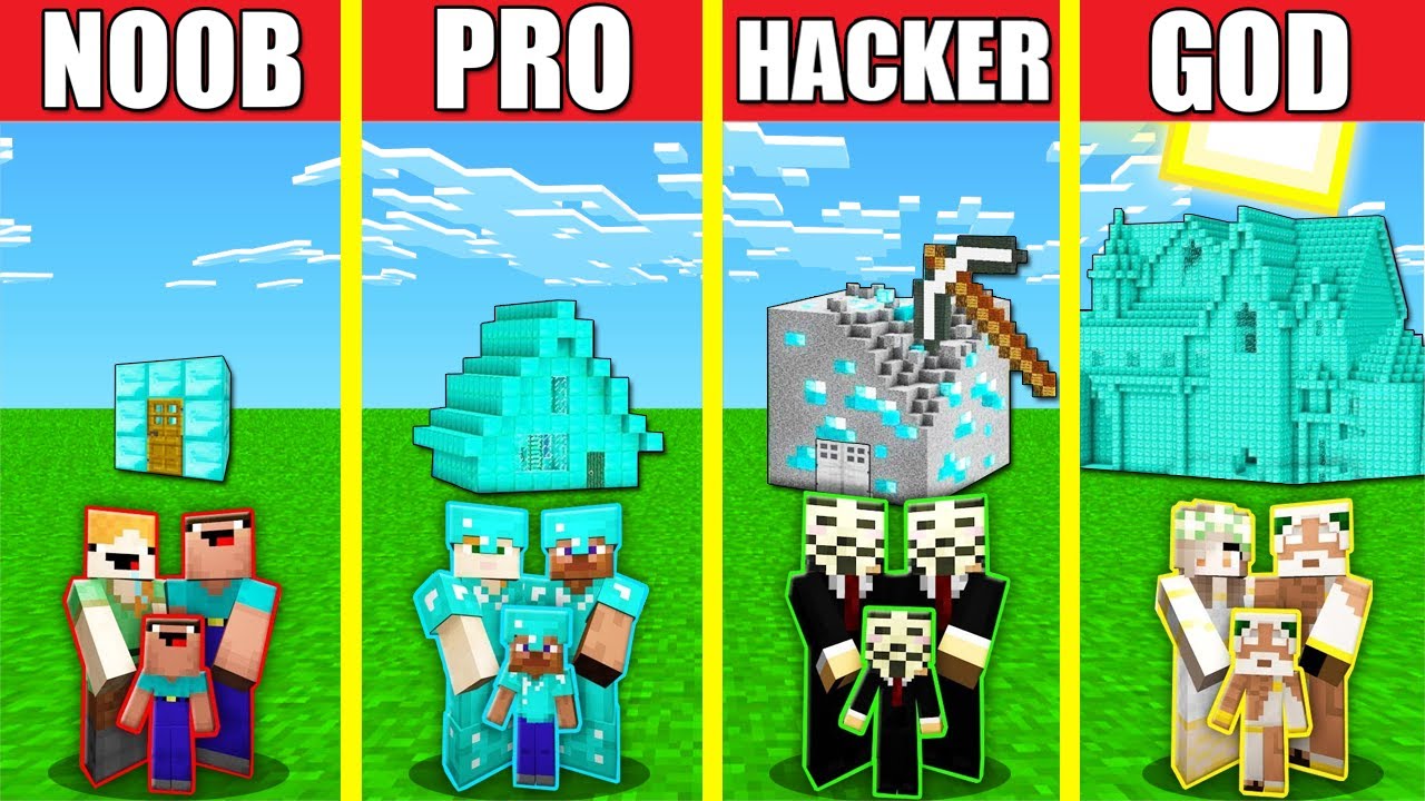 Minecraft Battle: DIAMOND HOUSE BUILD CHALLENGE - NOOB vs PRO vs HACKER vs GOD / Animation TREASURE