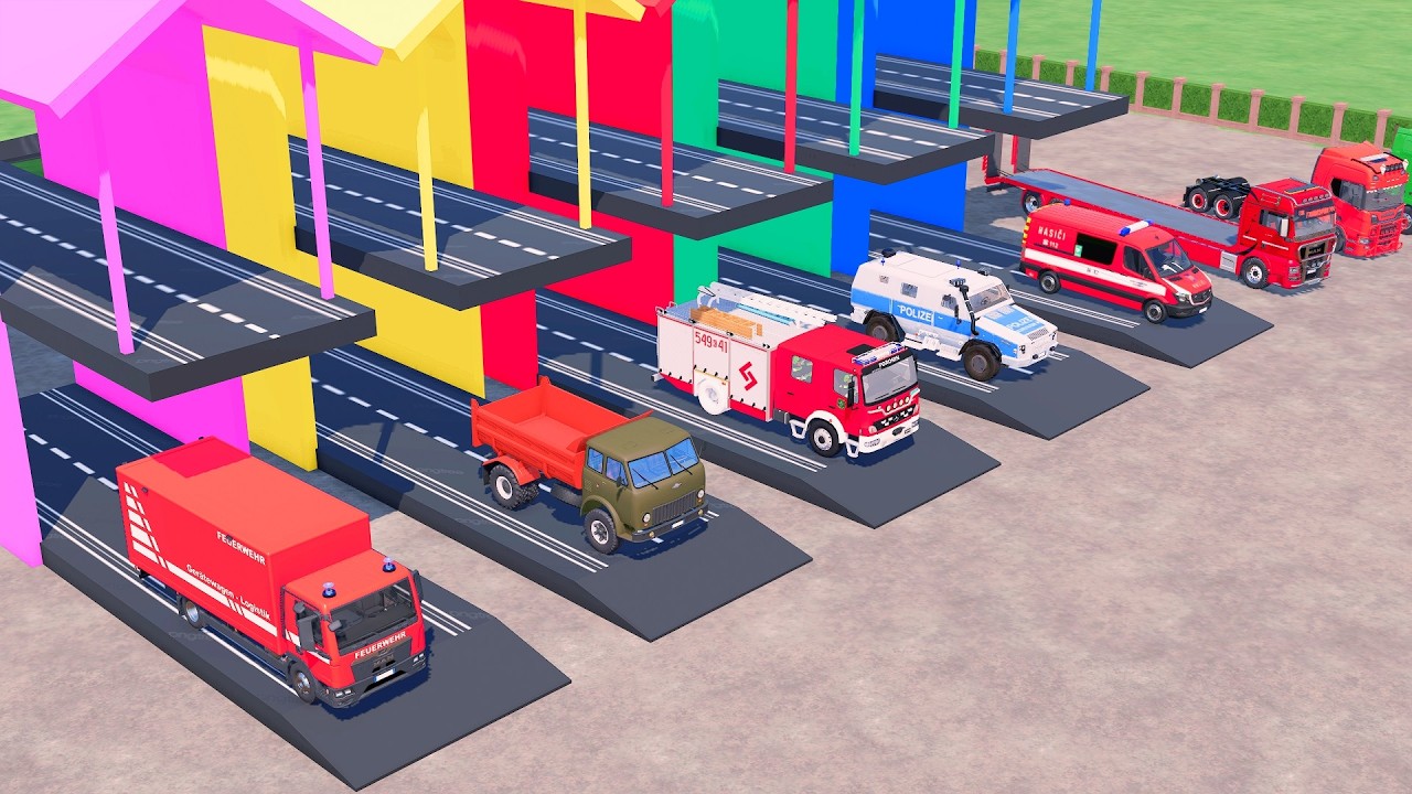 Double Flatbed Trailer Truck vs Speed Bumps | Police Cars & Police Box Car Test – Farming Simulator