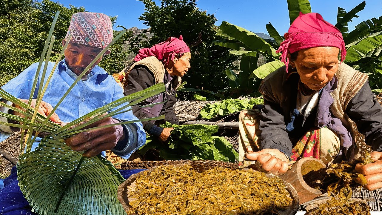 Traditional Gundruk Making, Dhido Cooking & Handcrafted Bamboo Basket | Nepali Village Life..​