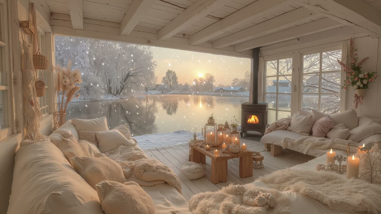Winter Lakeside Cabin Retreat ⛄ Soothing Piano, Fireplace & Calm Snowy Ambience