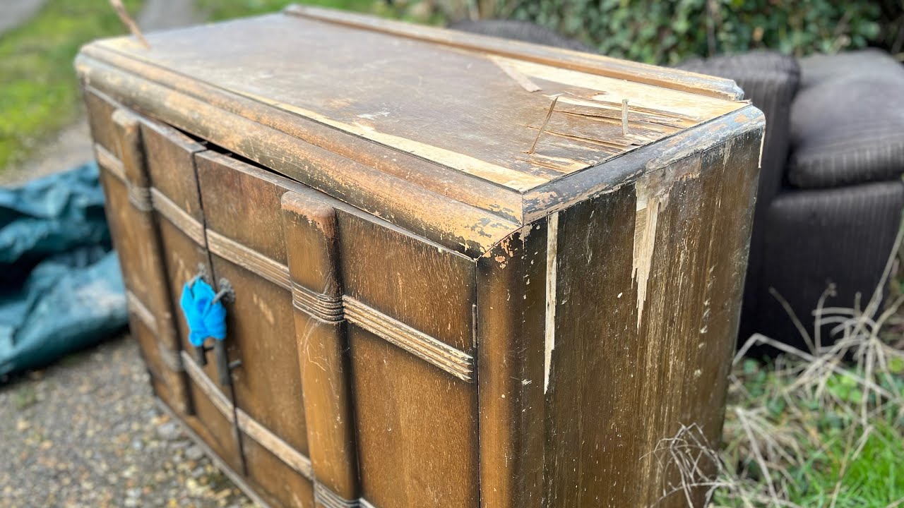 Old broken credenza RESTORATION. Peeling veneer and rotting wood. Refurbishing furniture.