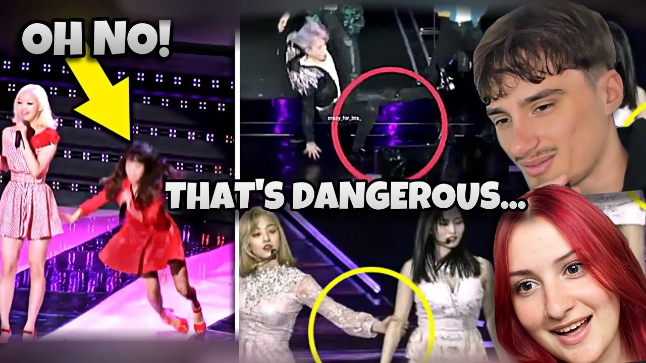 K-pop айдолы поскальзываются и падают из-за скользкой сцены | РЕАКЦИЯ