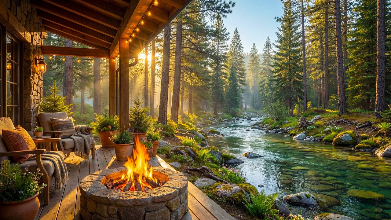 Spring Morning Retreat at a Riverside Forest Cabin Porch 🔥🌸 Cozy Fire Pit, Water Sounds & Birdsong