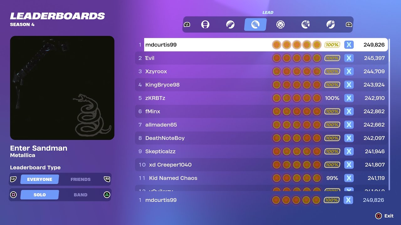 [Fortnite Festival S4] Enter Sandman Expert Lead 100% FC World Record