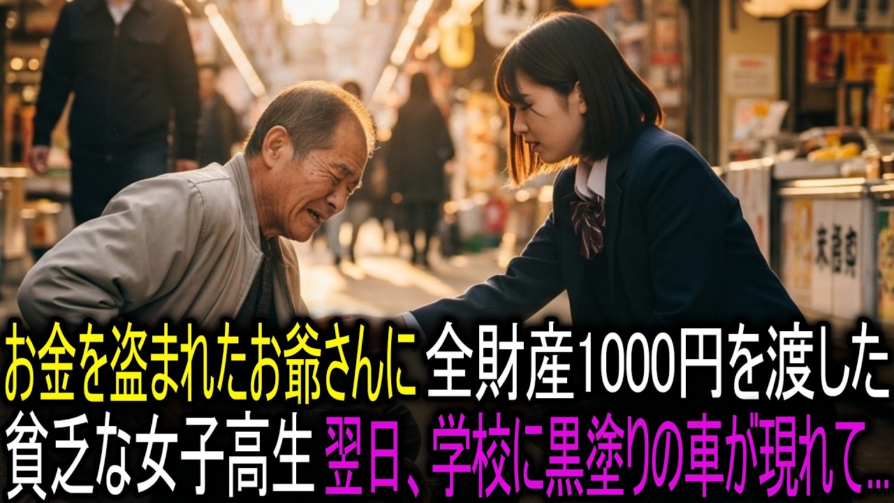 お金を盗まれたおじいさんに全財産を渡した貧乏な女子高生。翌日、学校に黒塗りの車が現れて…