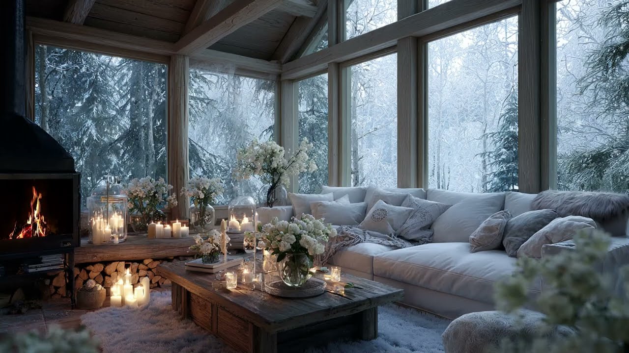 Warm Fireplace in a Snowy Forest Hut: Beautiful Piano Melodies for Relaxation and Reading