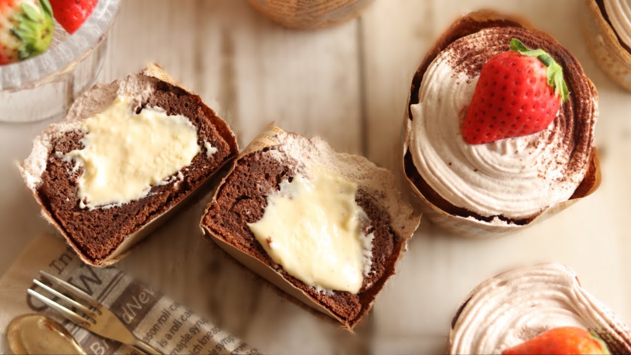 カップに入ったチョコシフォンケーキ 中にクリームでしっとり美味しい！｜バレンタインの手作りお菓子｜HidaMari Cooking