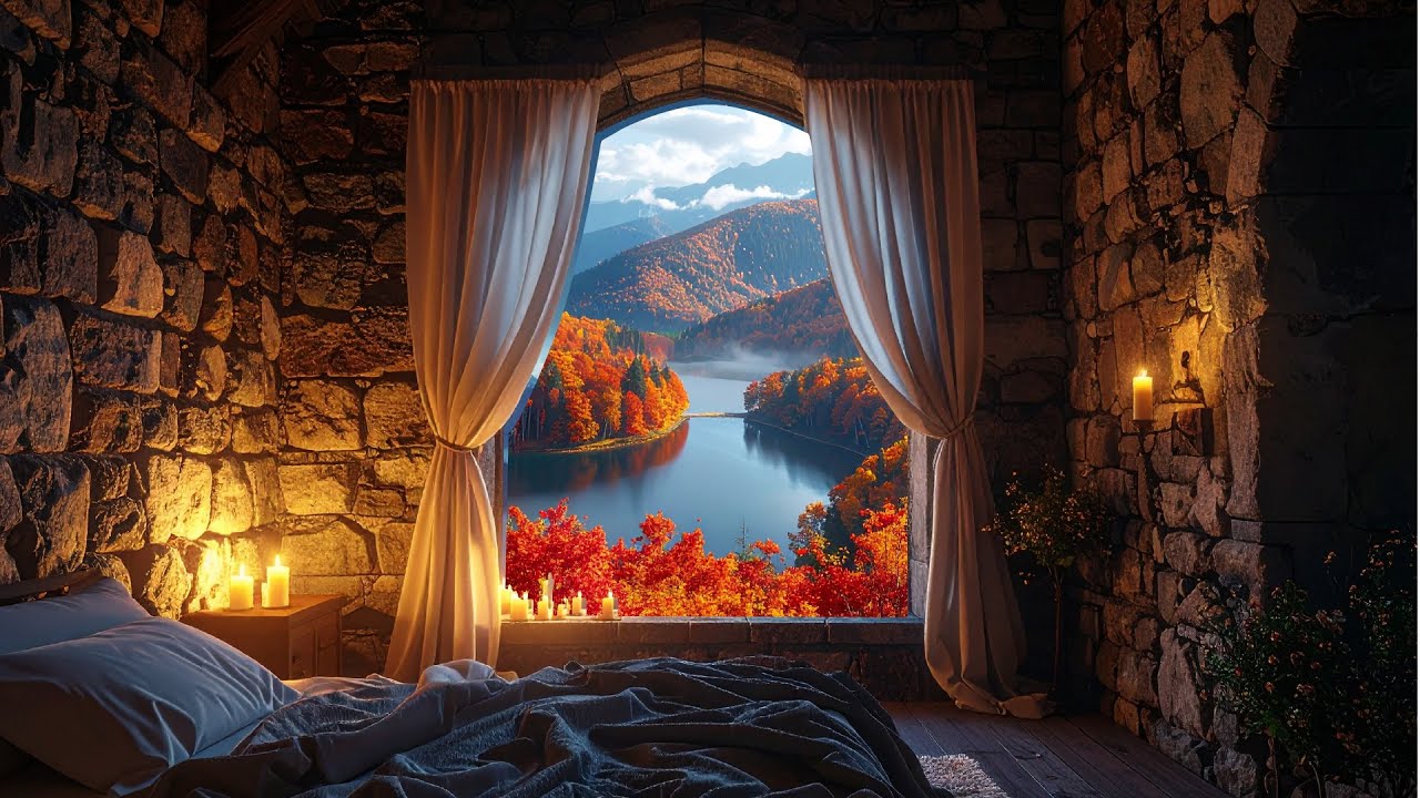 A Medieval Castle Window View 🍂 | Peaceful Autumn Mountains & Lake (Ambient Scene)