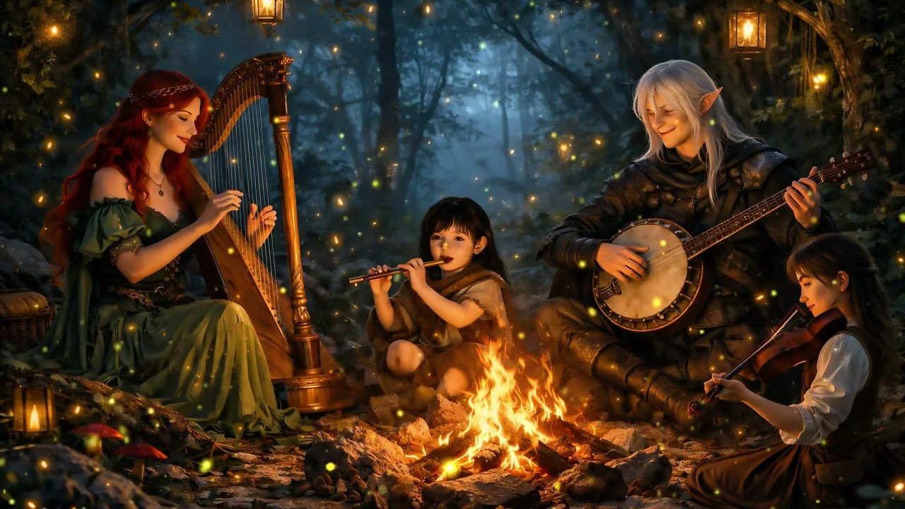 Magical Forest Campfire Music 🔥✨ Peaceful Fantasy Ambience with Crackling Fire Sounds (8K UHD)