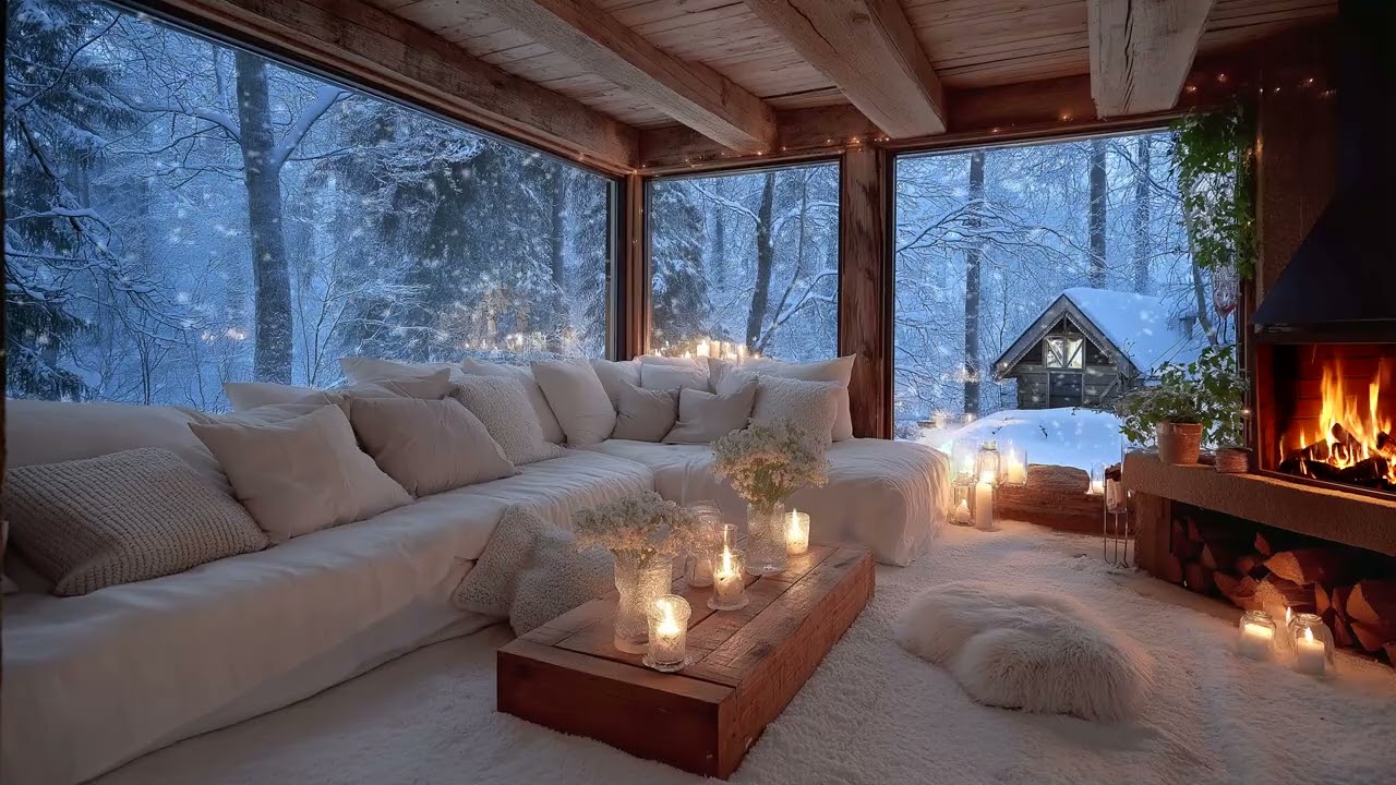 🎼🎹 Warm Fireplace Piano in Snowy White Lounge | Cozy Interior Ambience | 5 Hours Study Relax
