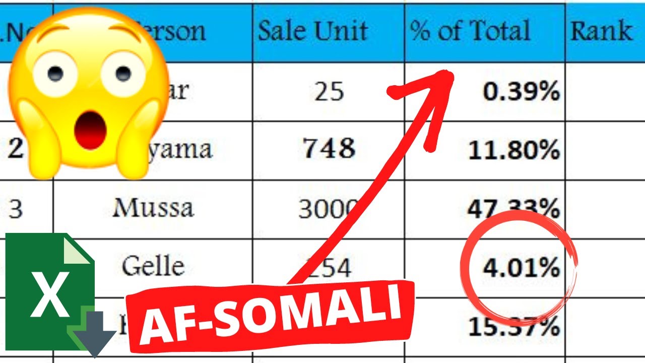 Sidee Loo Xisaabiyaa % Of Total Sale ? |Microsoft Excel #excel  #afsomali