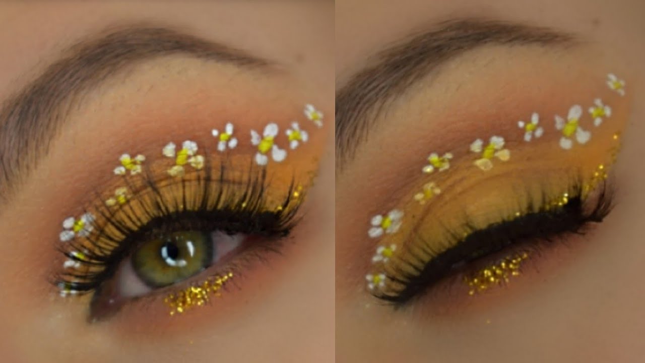 maquillaje primaveral tono amarillo y naranja con flores