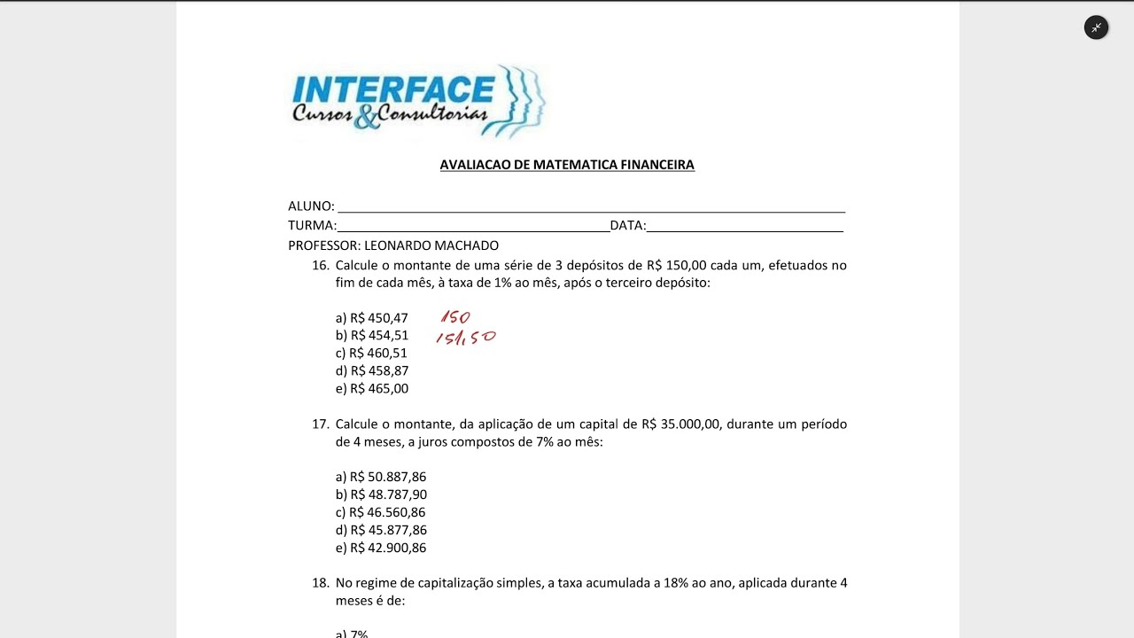 Resolução de exercícios matemática financeira parte 1