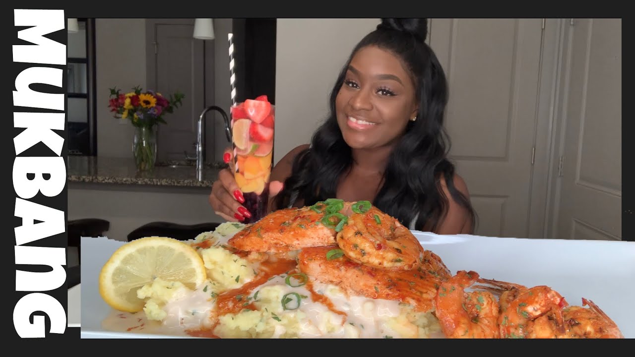 SALMON+SHRIMP+MASHED POTATOES AND DESSERT MUKBANG