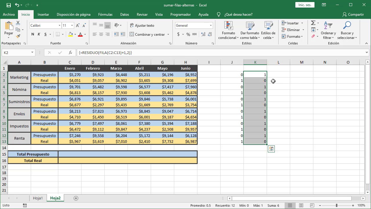 Cómo sumar filas alternas en Excel