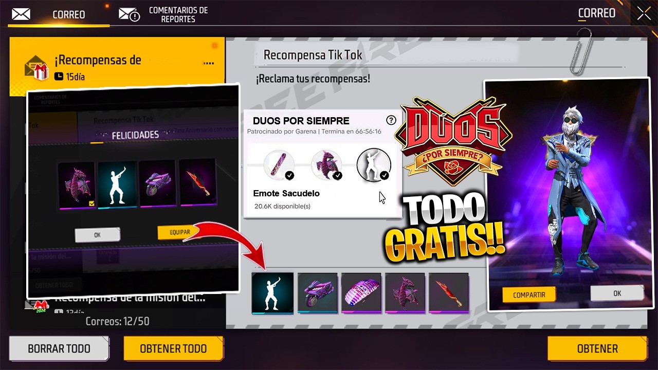 RAPIDO GRATIS EMOTE PASITO! CODIGOS para CANJEAR PREMIOS en FREE FIRE TIK TOK | DUO POR SIEMPRE