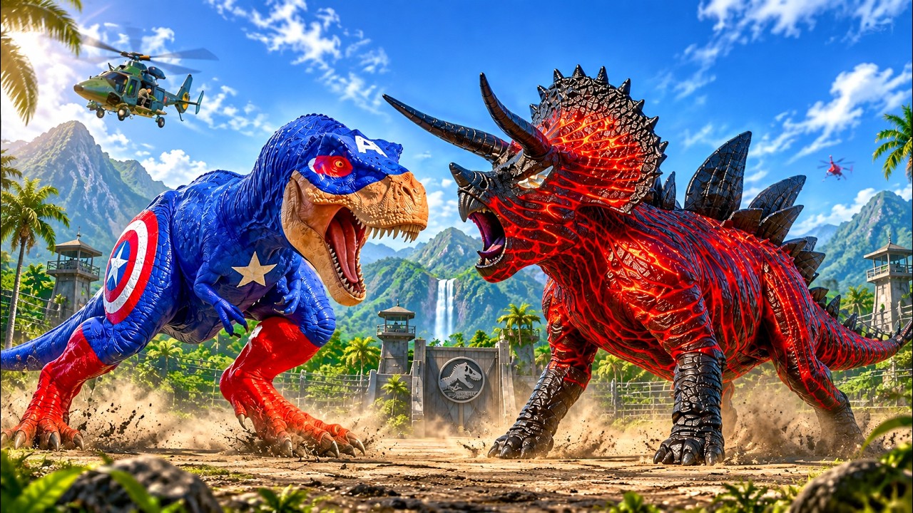 SPIDER-MAN Stegoceratops vs CAPTAIN AMERICA T-Rex | Superhero Dinosaur Battle