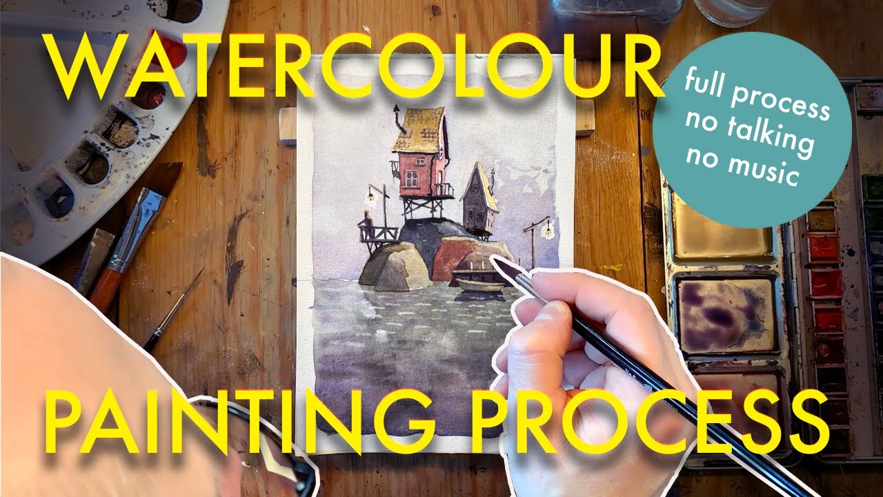 Calming Watercolor Painting - Lonesome man on a tiny island (NO TALKING or MUSIC)