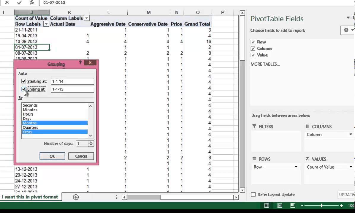 Pivot Table - Group by several date sets