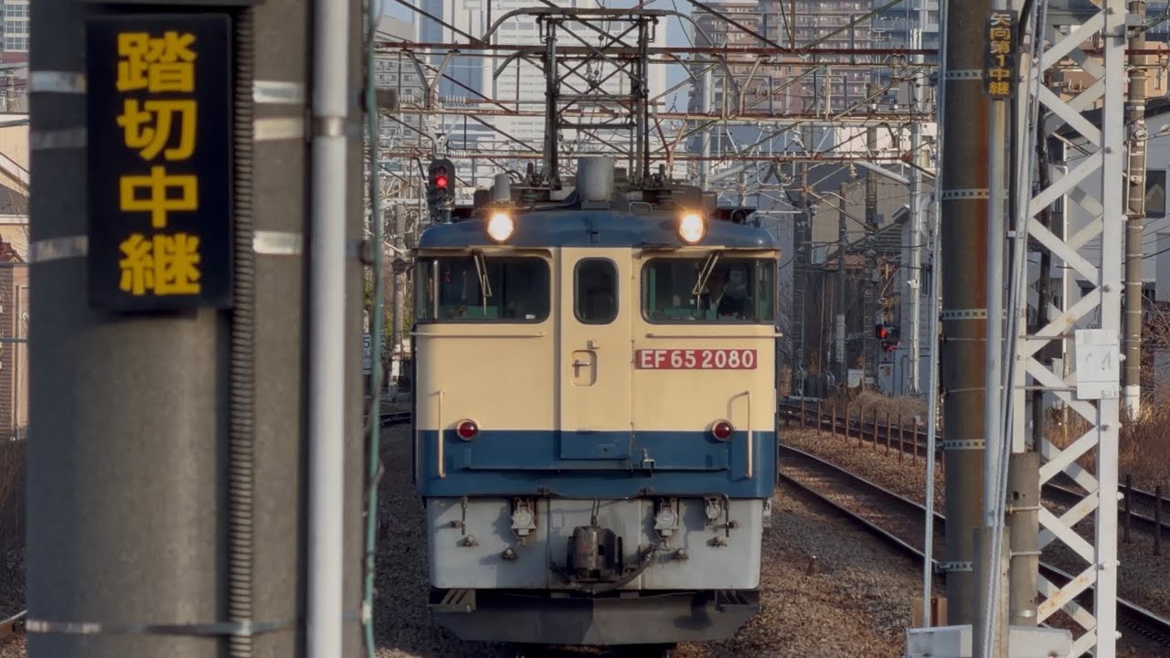 【4K高画質】PF代走✨【３両目に積車輪軸輸送コンテナを２個積載！】国鉄EF65形2000番台2080号機〔新〕＋コキ20両が尻手駅を通過！（78レ・新A6108・コンテナ輸送）2026.2.23