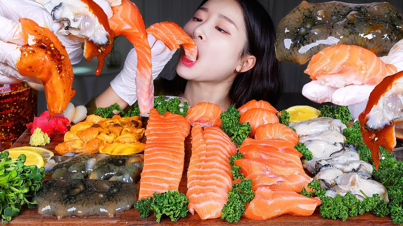 ASMR MUKBANG | Разнообразные морепродукты 🌊 Устрицы, лосось, морской огурец и морской ананас!
