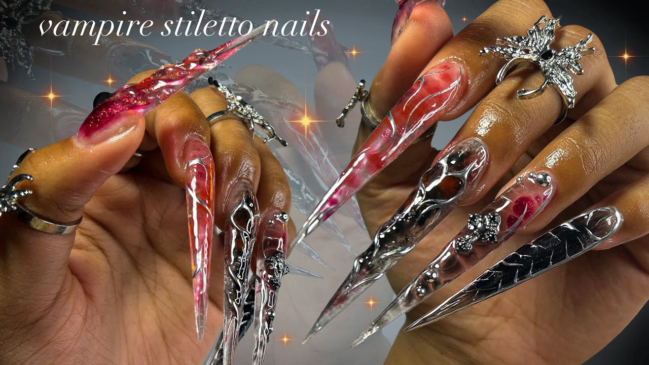 Vampire Stiletto Nails🧛🏼‍♀️🩸⛓️| long stiletto acrylic application + gothic nail art!🥀