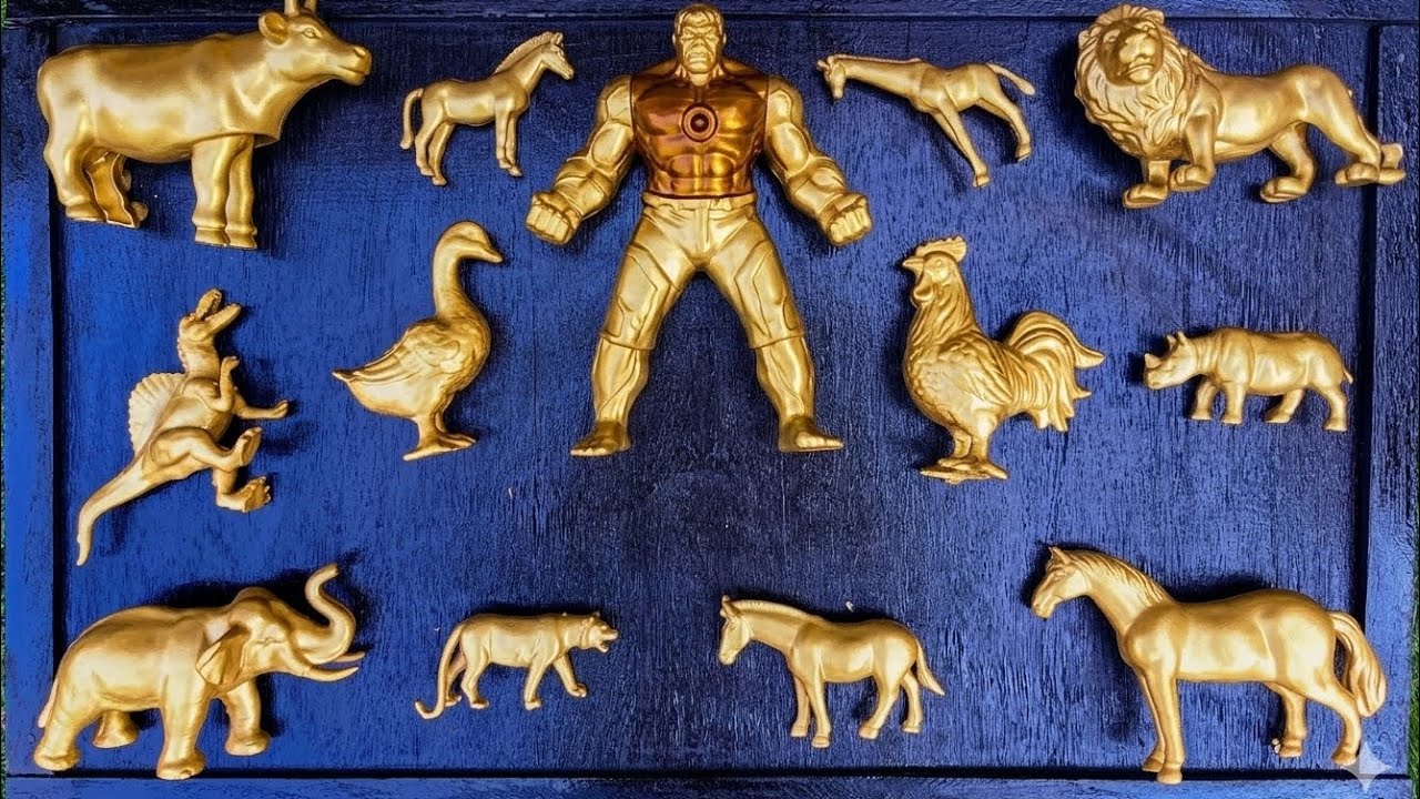 Cleaning toy animal horse, hulk, elephant, dinosaur, giraffe, tiger, duck, hen, lion, cow