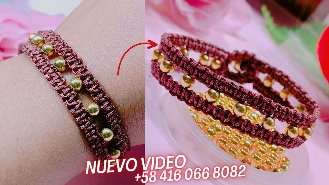 Pulsera de balines con tejido de nudo plano doble