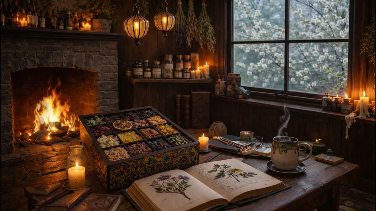 Cozy Apothecary Morning Ambience | Fireplace & Birds | 1 Hour